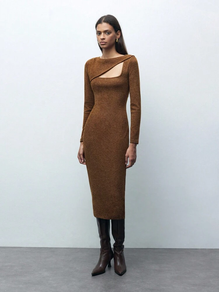 SHEIN Maija Women's Casual Hollow-Out Solid Color Long Sleeve Dress, Autumn