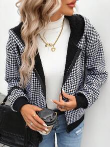 SHEIN LUNE 2024 Autumn Winter New Arrival Women's Houndstooth Fuzzy Zip Up Hooded Jacket Sweatshirt