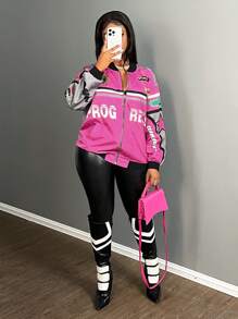 Slaydiva 女式休闲街头风格字母与星星印花拼色棒球夹克 - 彩色 - 查看 4