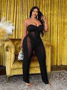 Slaydiva 女士性感网眼撞色露肩露背连体裤，纯黑色，适合派对