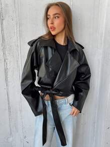 Aloruh 新款秋冬黑色 PU 皮革摩托夹克，翻领男友风 - 黑色 - 查看 3