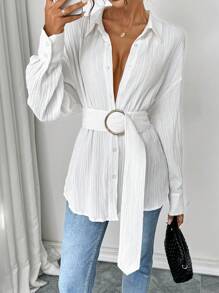 Chiquease Women's Autumn/Winter Waist Belt Decor Textured Shirt - White - View 4