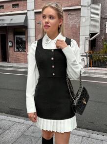 SHEIN Unity Vestido corto plisado con patchwork de tweed para mujer - Blanco y Negro - Ver 6