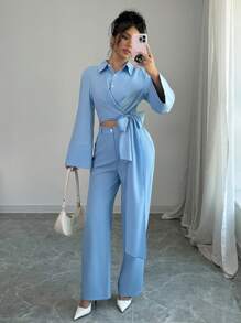 Elenzga 2 件套女士休闲纯色喇叭袖打结腰衬衫和裤子套装，秋季 - 藍色 - 查看 4