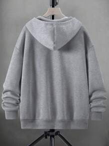 Manfinity LEGND 男士十字印花拉链宽松抽绳连帽衫，休闲日常穿着，秋季长袖上衣 - 灰色 - 查看 2