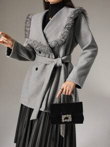 Modelyn Women's Autumn Casual Teddy Collar Patchwork Double-Breasted Overcoat - Grey - View 1