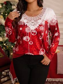 SHEIN LUNE Plus Size Fashion Versatile Colorblock Snowflake Print Collar Splice Lace Trim T-Shirt, Layering Or Standalone Design, Fits Halloween, Christmas, New Year, Valentine's Day, Thanksgiving Party