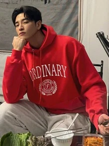 DAZY Men Letter Embroidered Graphic Pullover Sweatshirt, Autumn - Burgundy - View 1