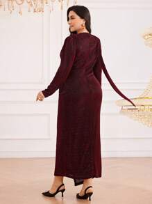 Modelyn Burgundy Red Plus Size Women V-Neck Long Sleeve Glitter Pleated Maxi Elegant Dress - Burgundy - View 3