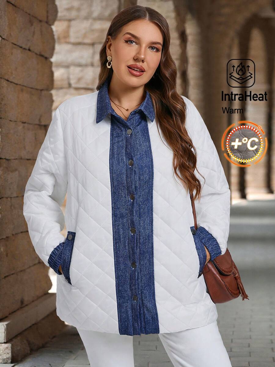 EMERY ROSE 大码女式保暖牛仔效果印花拼接长袖休闲棉服外套，冬季