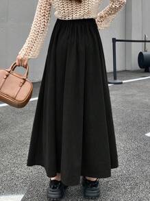 DAZY 1pc Women's Solid Color Bow Decor Long Pleated Skirt, Elegant - Black - View 3
