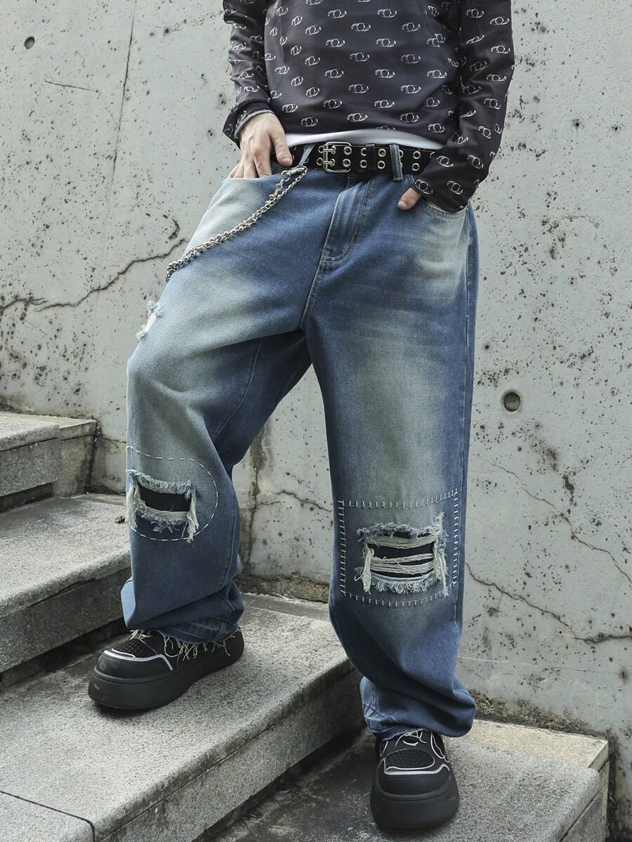 Manfinity EMRG Men's Pocket Ripped Straight Loose Casual Baggy Jeans - Light Wash - View 1