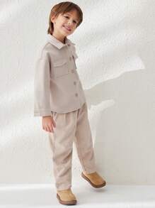 SHEIN 年轻男孩休闲纯色落肩宽松翻盖口袋夹克