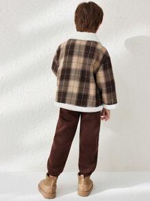 Blossori Camisa de manga larga sencilla con cierre de botones en la parte delantera y parches de peluche para niño joven - Marrón - Ver 2