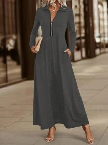 SHEIN LUNE Women Autumn Long Sleeve Dress With Fold-Over Collar, Layering Style Maxi Women Outfit - Dark Grey - View 6