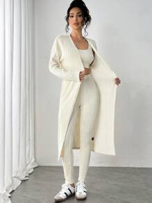 SHEIN Essnce 女士休闲扭纹纹理三件套，女士针织套装 - 背心、裤子和夹克，女士休闲家居，米色 - 米色 - 查看 5