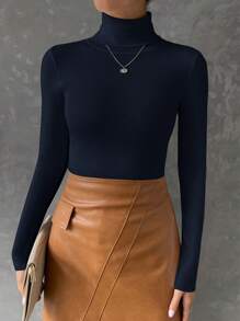 SHEIN Essnce Casual Solid Color Slim Fit Turtleneck Long Sleeve Sweater, Autumn/Winter - Navy Blue - View 6