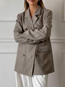 DAZY Women's Herringbone Double Breasted Lapel Collar Loose Long Sleeve Pocket Blazer, Fall Women Clothes Business Attire - Brown - View 4