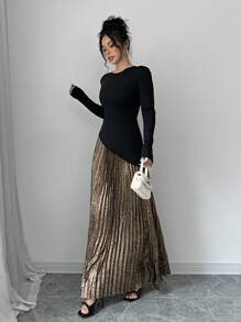 Selianne 优雅女士拼色褶皱圆领长袖连衣裙长款女士服装 - 黑色 - 查看 3