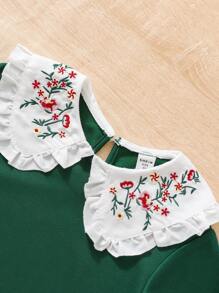 SHEIN Young Girl Casual Embroidered Peter Pan Collar Long Sleeve Sweatshirt, Burgundy, Autumn - Green - View 3