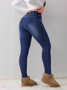 SHEIN Tall CURVE Roupas Plus Size para Outono, Inverno, Halloween, Natal, Streetwear, Casual Elegante, Estilo Country, Vintage, Modesto, Negócios Casuais, Roupas de Trabalho para Mulheres, Roupas de Professor, Roupas de Igreja para Mulheres, Denim Forrados Termicamente, Denim Skinny Azul com Bolsos, Denim Skinny de Cintura Alta com Stretch para Conforto Diário, Denim Skinny de Lavagem Escura Clássica, Perfeito para Looks Casuais e Noturno