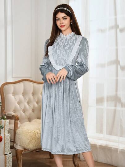 少女（女孩）优雅休闲花卉蕾丝拼色长裙