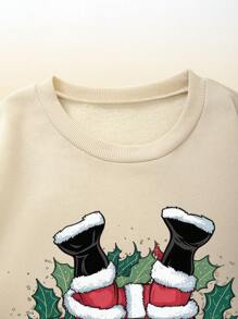 Manfinity Dauomo Áo nỉ cổ tròn in chữ và hình ông già Noel lộn ngược dành cho nam, mùa thu/đông - Màu Khaki - Xem 5