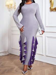 SHEIN Lady 秋装秋冬优雅灰色针织圆领飘逸长袖冬装修身连衣裙大码连衣裙伴娘服长袖连衣裙化妆舞会礼服 - 淺灰紫 - 查看 5