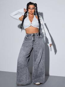 SHEIN ICON 大码女式口袋装饰宽腿宽松休闲男友风牛仔裤 - 深灰色 - 查看 6