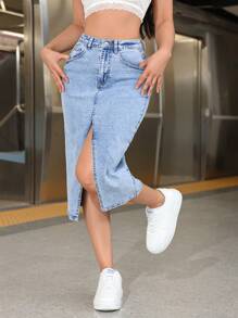 SHEIN EZwear 女式休闲蝴蝶结装饰简约牛仔 A 字迷你裙 - 藍色 - 查看 3