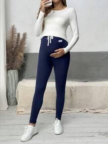 SHEIN 孕妇可调节腰部装饰绳紧身打底裤 - 藏蓝色 - 查看 5