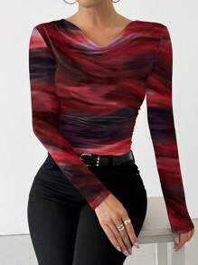 Chiquease Áo thun dài tay cổ nhún in họa tiết nhuộm tie-dye cho nữ dịp năm mới, thích hợp mặc vào mùa xuân. - Đỏ - Xem 3