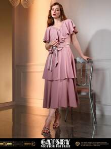 The Great Gatsby x MOTF SOLID V-NECK LACE TRIM LAYERED HEM RHINESTONE BOW WAIST LONG DRESS - Pink - View 10