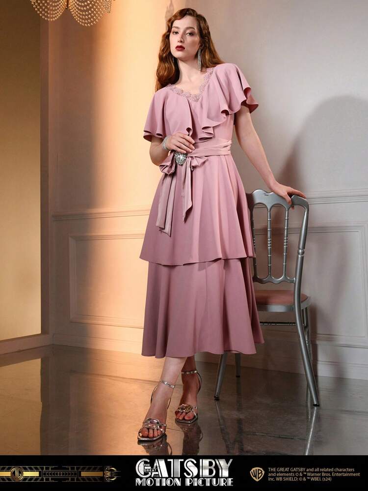 The Great Gatsby x MOTF SOLID V-NECK LACE TRIM LAYERED HEM RHINESTONE BOW WAIST LONG DRESS