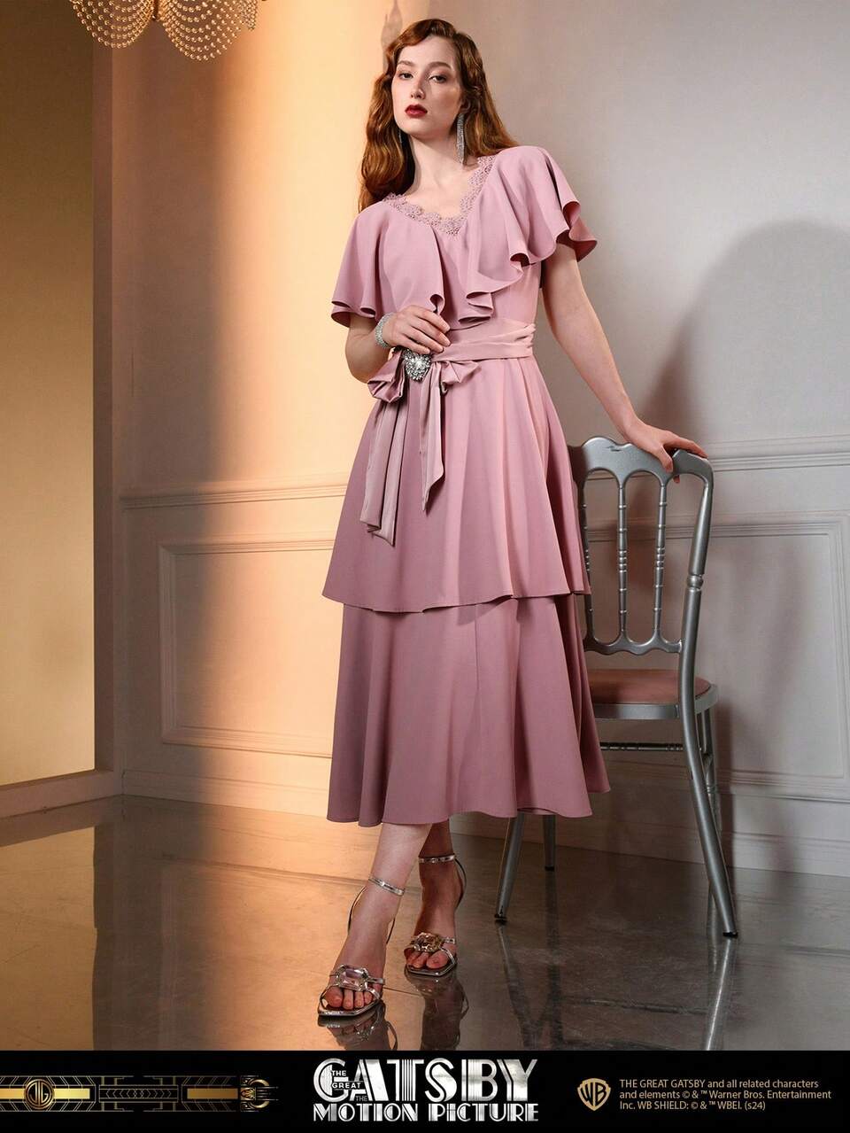 The Great Gatsby x MOTF SOLID V-NECK LACE TRIM LAYERED HEM RHINESTONE BOW WAIST LONG DRESS