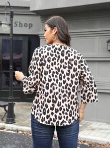 SHEIN LUNE Bluză lejeră pentru femei, mărime plus, cu imprimeu leopard, decolteu în V, mânecă 3/4, la modă, toamnă și sărbători - Multicolor - Vizualizare 2
