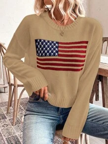 SHEIN LUNE Suéter casual de hombros caídos con diseño de bandera de EE. UU. para otoño/invierno, jersey de punto de otoño - Caqui - Ver 6