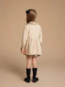 PrepCrw Young Girls' English Style Plaid Patchwork Lapel Double-Breasted Long Trench Coat, Waist-Cinched, Brown Color For Back To School, Autumn/Winter - Khaki - View 2