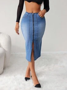 SHEIN SXY Women's Zip-Up Slit Hem Long Denim A-Line Skirt - Medium Wash - View 7