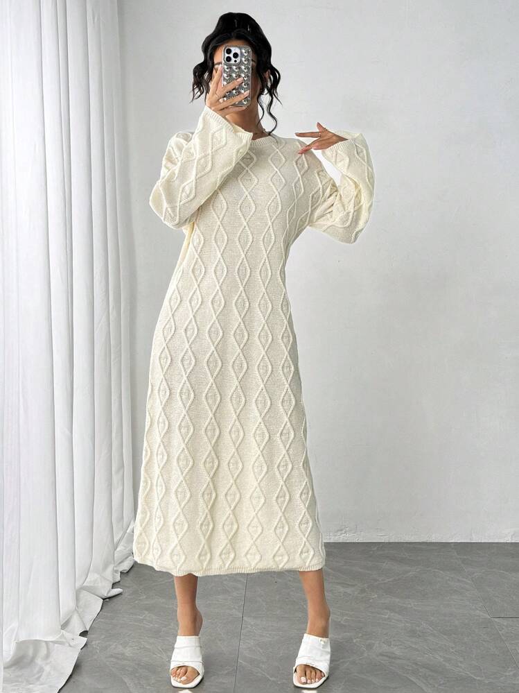 off white knit sweater dress SHEIN Essnce Women's Dress,Off-White Twist Textured Jacquard,Crew Neck Loose Cable Long Sweater Dress,Autumn Elegant Tea Party Beige Women Clothes Gold_XS_Clearance