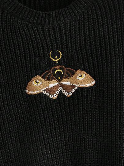 Hippie Suéter casual de cuello redondo, manga larga y hombros caídos con bordado de polilla, talla grande, para otoño/invierno