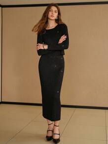 MOTF PREMIUM 纯色水钻开衩后背毛衣裙 - 黑色 - 查看 7