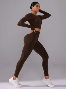 Easithlete 女士纯色长袖长裤运动套装，无缝健身女士套装女士紧身裤套装