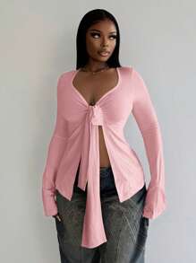 Slaydiva Áo thun dài tay thường ngày xẻ tà trước màu trơn cho nữ - Hồng - Xem 4