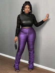 Slaydiva Quần dài thường ngày thanh lịch, co giãn, màu đen, khóa kéo phía trước cỡ lớn cho mùa thu đông - Màu tím - Xem 8