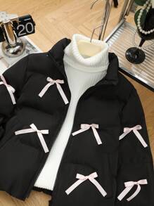 SHEIN Tween Girls Solid Black Color Stand Collar Casual Pink Bow Detail Winter Coat, Thickened Loose Fit Oversized Padded Coat, Super Warm