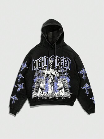 Street Life Felpa con cappuccio in pile con stampa di lettere e croci per uomo, adatta per l'autunno