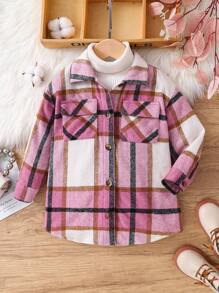 SHEIN Leap Crew Young Girl Woven Plaid Double Pocket Loose Casual Shirt - Pink - View 3