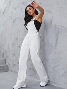 SHEIN ICON 休閒純色拼接口袋牛仔背帶褲 - 白色 - 查看 7