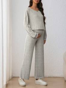 SHEIN 2pcs Maternity Casual Set: Round Neck Long Sleeve T-Shirt & Adjustable Drawstring Waist Bow Tie Wide Leg Pants, Pregnancy Outfit